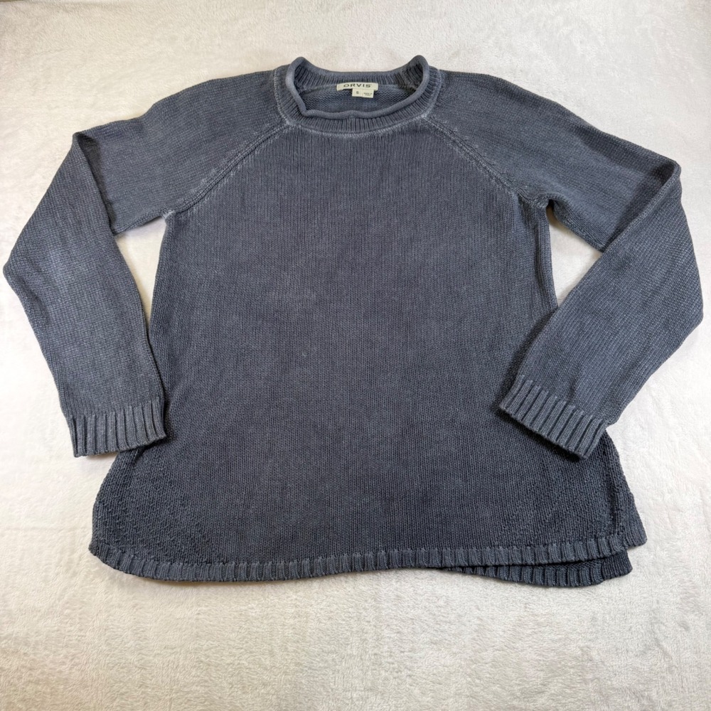 Orvis Mens Small Blue Gray 100% Cotton Raglan Crew Neck Knit Sweater 3AHF